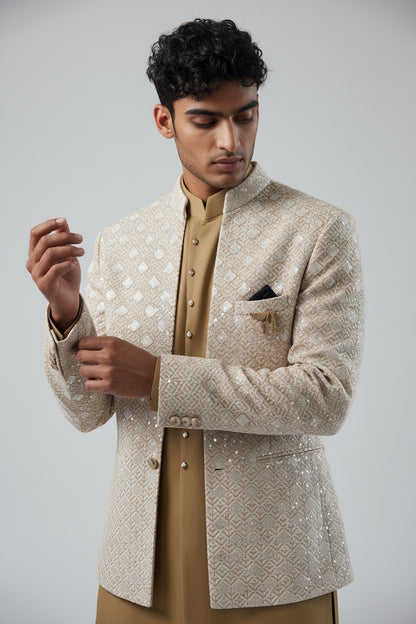 Beige Textured Indo-Western Jacket Set for Men