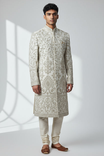 Ivory Embroidered Sherwani for Men – Royal Handcrafted Wedding Ensemble