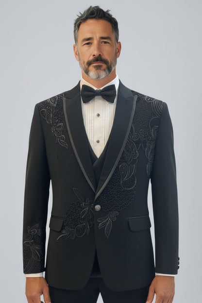 Black Luxury Tonal Floral Embroidered 5-Piece Tuxedo Set