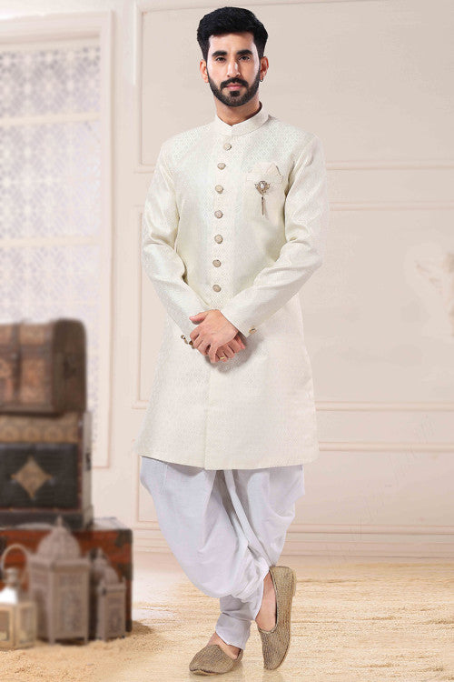 White Jacquard Men Sherwani