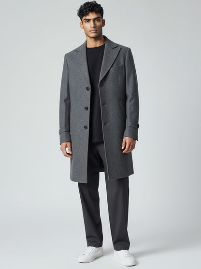 Men’s Charcoal Grey Wool Overcoat – Classic Single-Breasted Winter Coat for Formal & Casual Wear