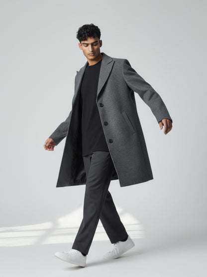 Men’s Charcoal Grey Wool Overcoat – Classic Single-Breasted Winter Coat for Formal & Casual Wear